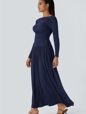 Halara Navy Long Sleeve Maxi Dress Ruched Waist Flowy Athleisure Size S NWT